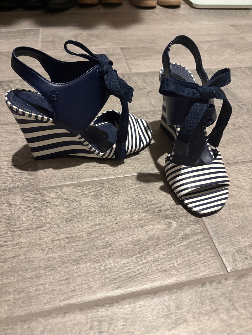 Tory Burch Navy and White Striped Tie-Wedge Sandals